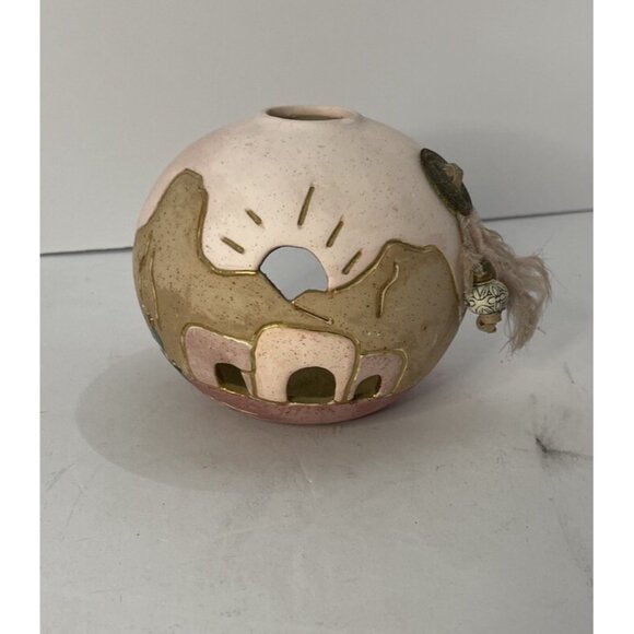 Ceramica Aljesa Tea Light Holder Mexican Art Feather Beading Gold Inlay Pottery - Picture 3 of 7